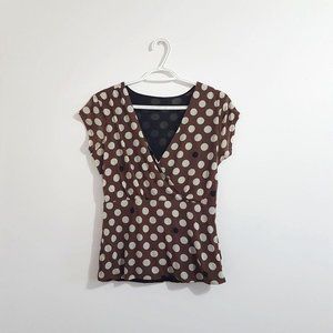 Brown V-Neck Short Sleeve Blouse with Polka Dots